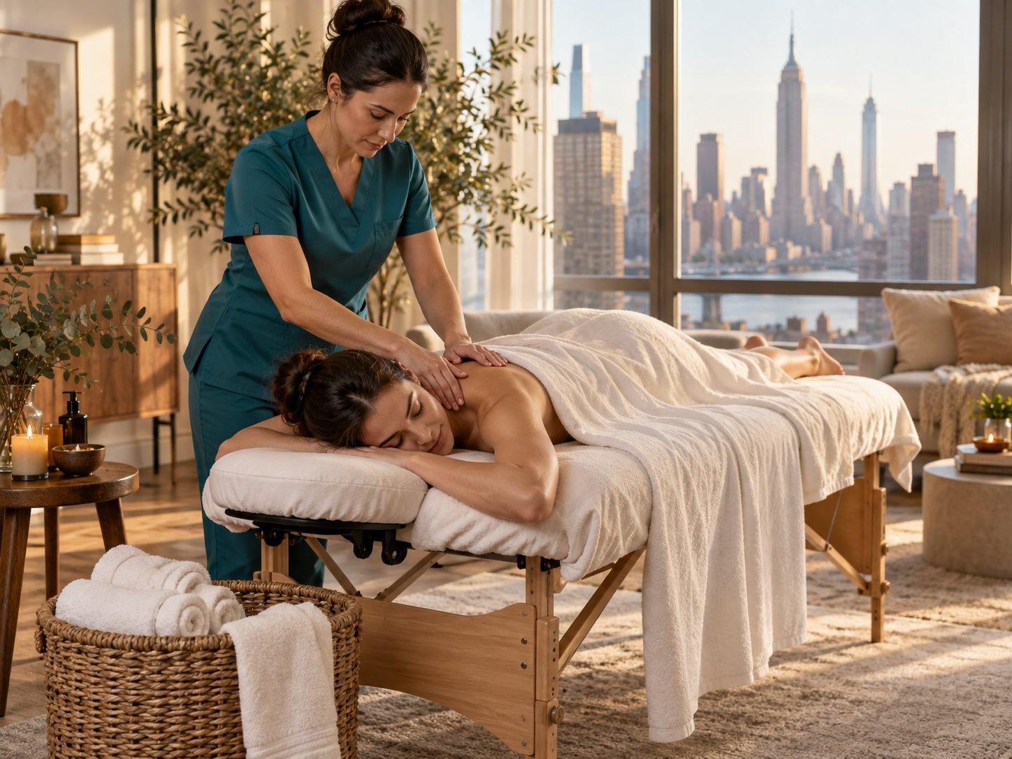 In-home massage on a portable table in a NYC apartment