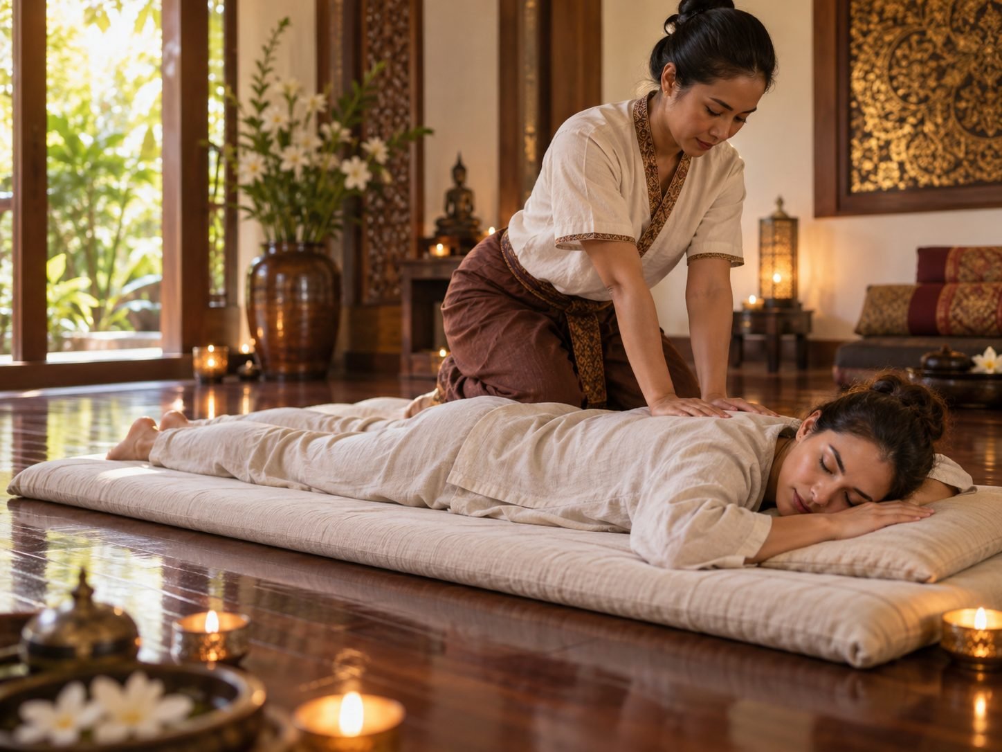 Traditional Thai massage on a floor mat