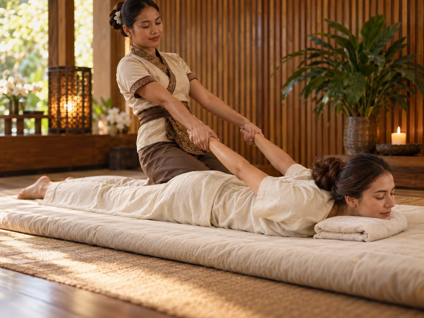 Thai backward stretch on a cushioned mat